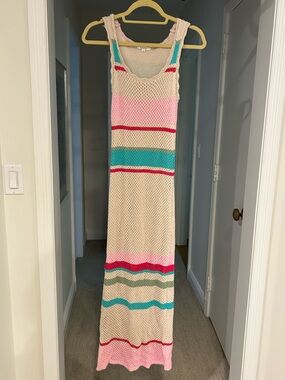 Z Supply Cream Knit Tank Dress with Pink & Teal Stripe Accents